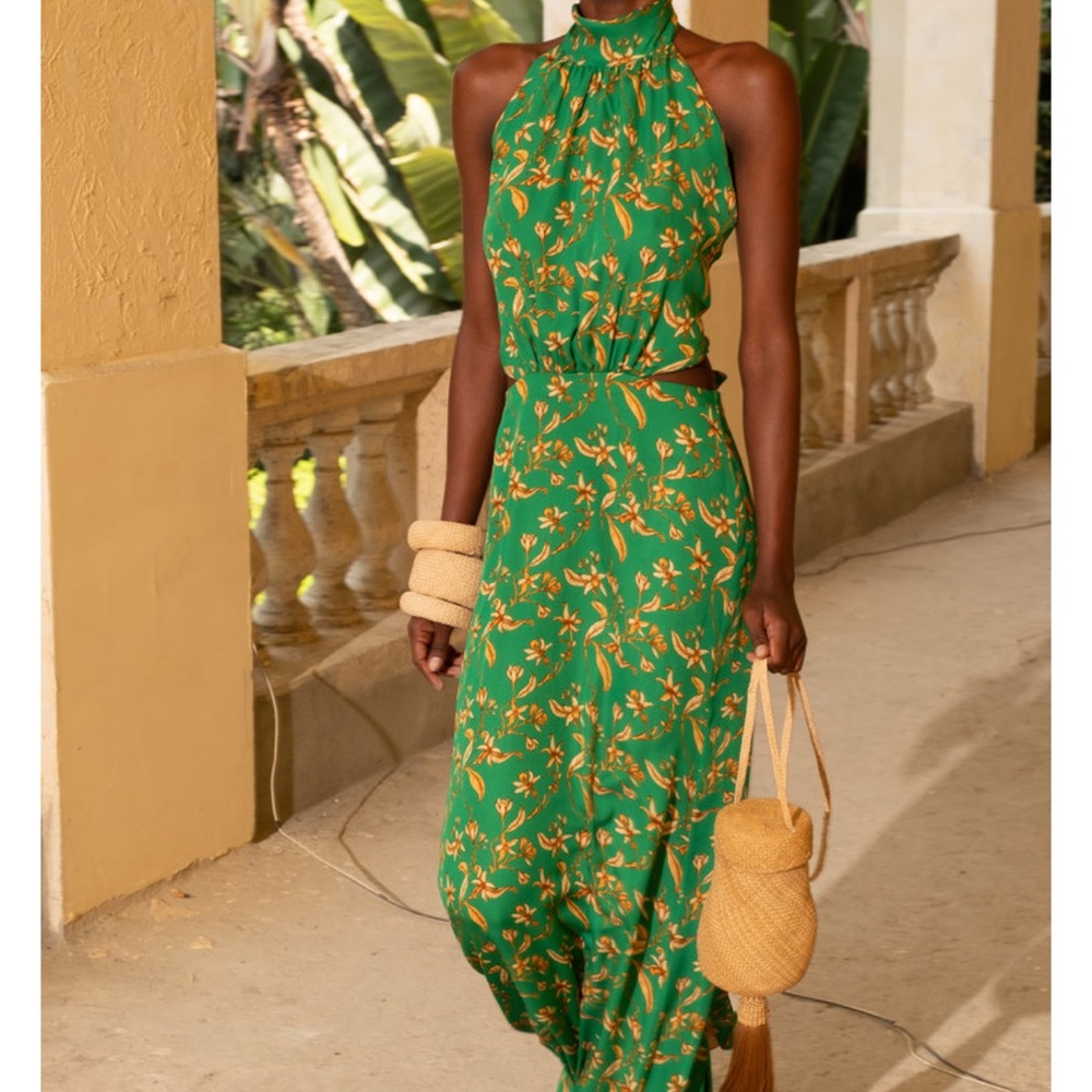 Johanna Ortiz Green Floral Divine Being Silk Midi/Maxi Halter Open Back Dress